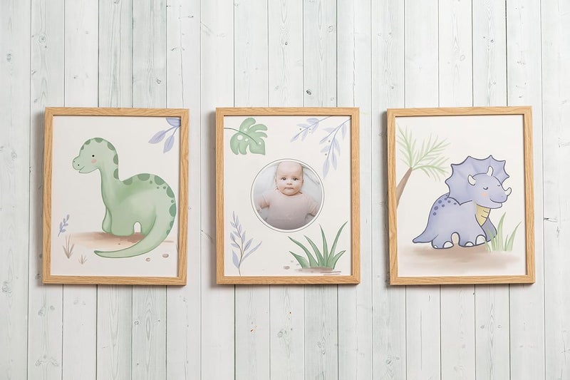 Reece Studio Dino Themed Baby Photo Frames, Nursery Wall Art Set of 3, Gift For New and Expecting Parents, Dinosaur - Image 2