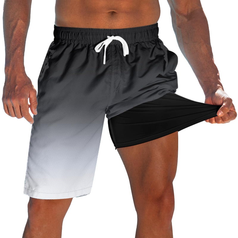 westwolf Mens Swim Trunks with Compression Liner 9" Men Board Shorts Lightweight Beach Shorts Men Novelty Running Travel Swim Suits Striped Black White Summer Swimwear Swim Trunks XXL - Image 1
