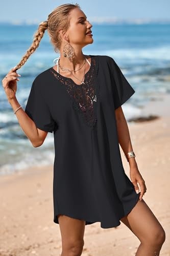 Supnier Women's Swimsuit Beach Cover Up Dress Short Sleeve Bikini Bathing Suit Swimwear Coverups Black M - Image 5