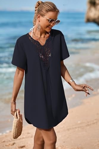 Supnier Women's Swimsuit Beach Cover Up Dress Short Sleeve Bikini Bathing Suit Swimwear Coverups Black M - Image 3