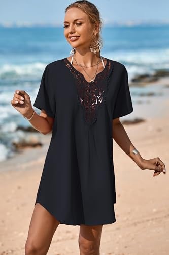 Supnier Women's Swimsuit Beach Cover Up Dress Short Sleeve Bikini Bathing Suit Swimwear Coverups Black M - Image 4