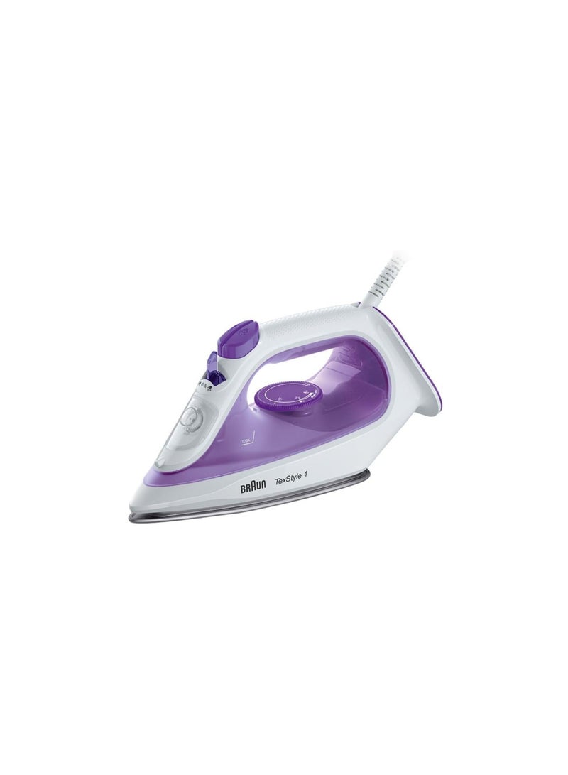 براون Household TexStyle 1 SI1080VI, Steam Iron with SuperCeramic Coated Soleplate, Light and Fast Ironing, Quick Heating, Eco Mode, Easy 220ml Refill, 2000W, White/Violet 220 ml 2000 W SI1080VI Violet - Image 1