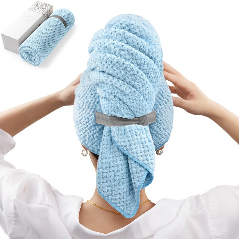 YFONG Large Hair Towel Wrap for Women, Super Absorbent Microfiber Hair Towel for Curly Hair, Fast Drying Hair Turbans with Elastic,Hair Drying Towel Wrap for Hair Care 26.3" X 40" (Blue) - Image 1