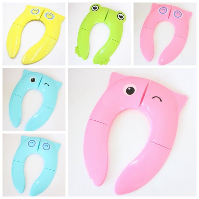 Children's Toilet Seat Cover: Pink Owl Eyes, Foldable Portable Design - Easy To Install, Cartoon Frog Style for Travel and Home Use With Kids - Image 2