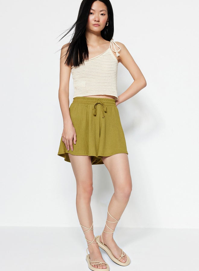 trendyol Oil Green Relaxed Fit Regular Waist Wrap/Textured Knitted Shorts  - Image 3