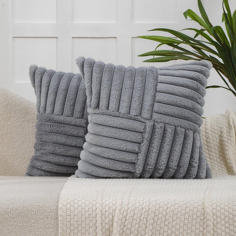 All Smiles Couch Decorative Throw Pillow Covers 18x18 Set of 2 Faux Fur Plush Soft Fluffy Velvet Cushion Case Cozy Fuzzy Striped Pillowcase Home Decor for Sofa Living Room BedroomGray - Image 2