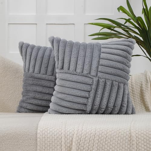 All Smiles Couch Decorative Throw Pillow Covers 18x18 Set of 2 Faux Fur Plush Soft Fluffy Velvet Cushion Case Cozy Fuzzy Striped Pillowcase Home Decor for Sofa Living Room BedroomGray - Image 1