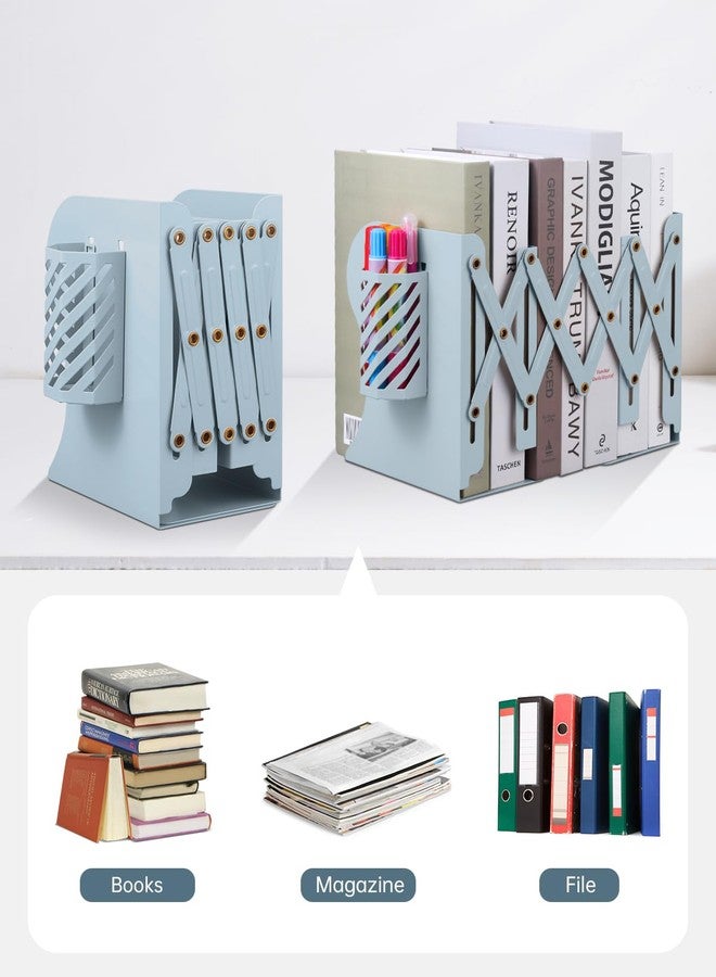 Honagu Adjustable Bookends, Metal Book Ends for Shelves Heavy Book, Desk Magazine File Organizer for Home, Office, Books, Papers, Extends up to 19 inches with Pen Holder (Light Blue) - Image 5