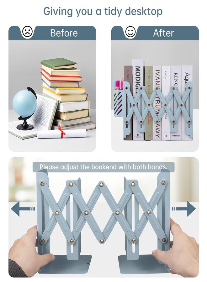 Honagu Adjustable Bookends, Metal Book Ends for Shelves Heavy Book, Desk Magazine File Organizer for Home, Office, Books, Papers, Extends up to 19 inches with Pen Holder (Light Blue) - Image 2