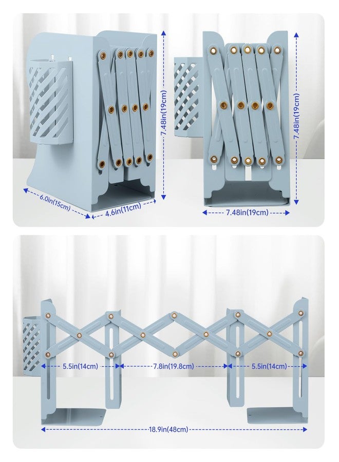 Honagu Adjustable Bookends, Metal Book Ends for Shelves Heavy Book, Desk Magazine File Organizer for Home, Office, Books, Papers, Extends up to 19 inches with Pen Holder (Light Blue) - Image 3