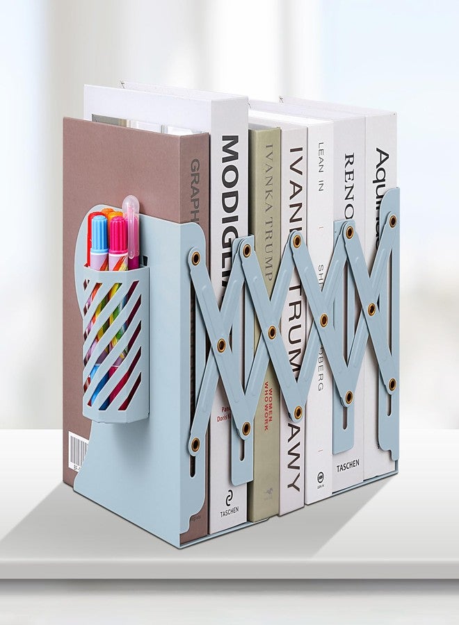 Honagu Adjustable Bookends, Metal Book Ends for Shelves Heavy Book, Desk Magazine File Organizer for Home, Office, Books, Papers, Extends up to 19 inches with Pen Holder (Light Blue) - Image 1