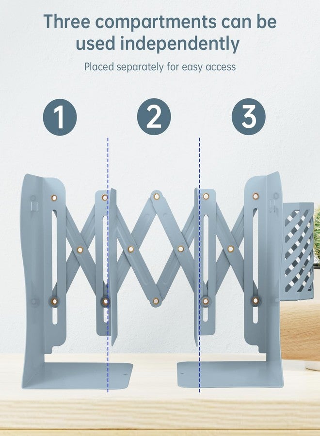 Honagu Adjustable Bookends, Metal Book Ends for Shelves Heavy Book, Desk Magazine File Organizer for Home, Office, Books, Papers, Extends up to 19 inches with Pen Holder (Light Blue) - Image 4