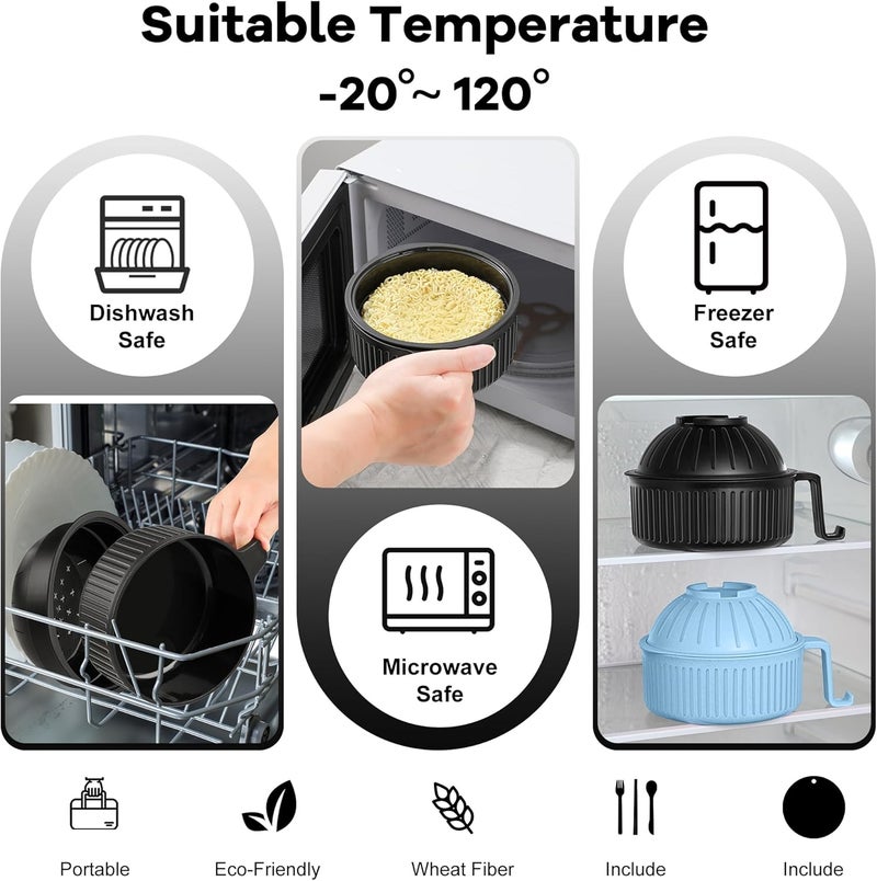 Beiyunee Ramen Bowl with Handles, 2 Set Wheat Fiber Ramen Cooker Microwave with Strainer, 34oz Noodle Bowl with Pot Mat Spoon Chopsticks Fork for Home, School, Office, Dorm, Picnic or Gift - Image 4