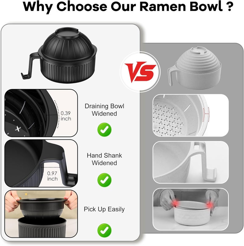 Beiyunee Ramen Bowl with Handles, 2 Set Wheat Fiber Ramen Cooker Microwave with Strainer, 34oz Noodle Bowl with Pot Mat Spoon Chopsticks Fork for Home, School, Office, Dorm, Picnic or Gift - Image 5