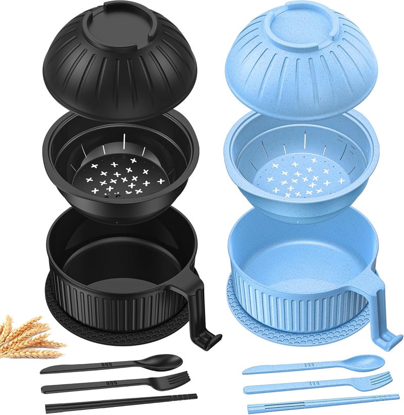 Beiyunee Ramen Bowl with Handles, 2 Set Wheat Fiber Ramen Cooker Microwave with Strainer, 34oz Noodle Bowl with Pot Mat Spoon Chopsticks Fork for Home, School, Office, Dorm, Picnic or Gift - Image 1