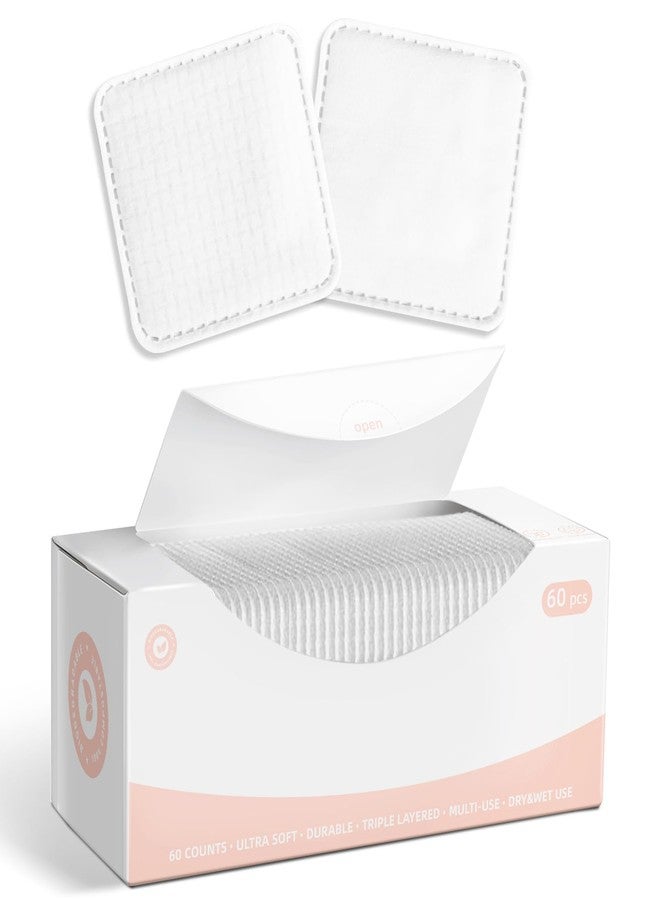 ICOTLE Square Cotton Pads,100% Cotton, Not to Shed or Fall Apart, 60 Count, Unique Triple-Layer Design for Daily Skin Care - Image 1