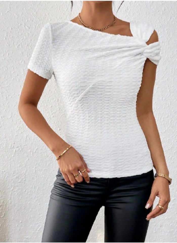 Shein - SHEIN Raffinéa Women Elegant Twist Asymmetric Neckline Solid Color Textured Fabric T-Shirt - Image 1