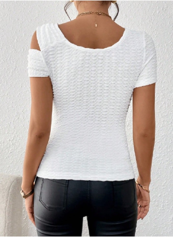 Shein - SHEIN Raffinéa Women Elegant Twist Asymmetric Neckline Solid Color Textured Fabric T-Shirt - Image 1