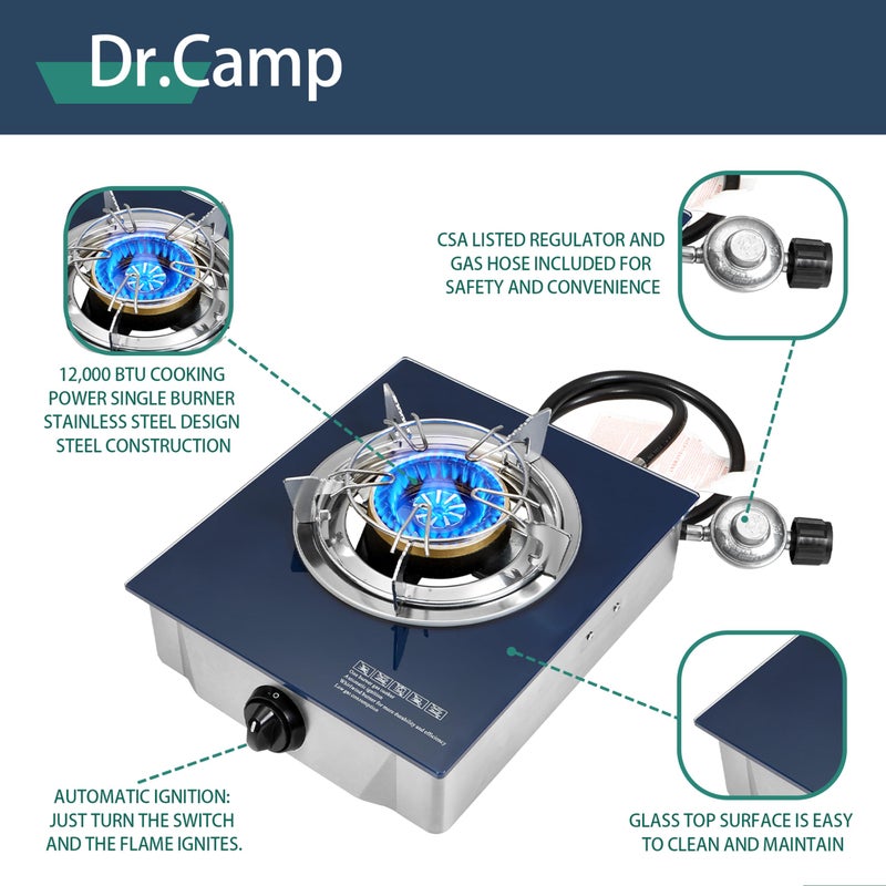 Dr.Camp Propane Gas Stove 12000 BTU Single Burner Glass Top Outdoor Camping Stove with CSA Listed Regulator and Gas Hose - Image 2