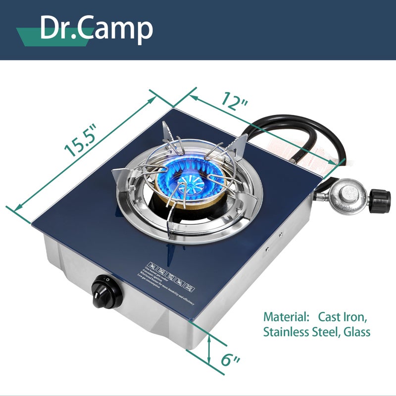 Dr.Camp Propane Gas Stove 12000 BTU Single Burner Glass Top Outdoor Camping Stove with CSA Listed Regulator and Gas Hose - Image 3