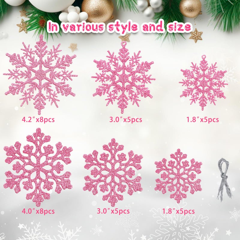 kockuu 36pcs Christmas Light Pink Snowflake Ornaments Plastic Glitter Snow Flakes Ornaments for Winter Christmas Tree Decorations Size Varies Craft Snowflakes - Image 2
