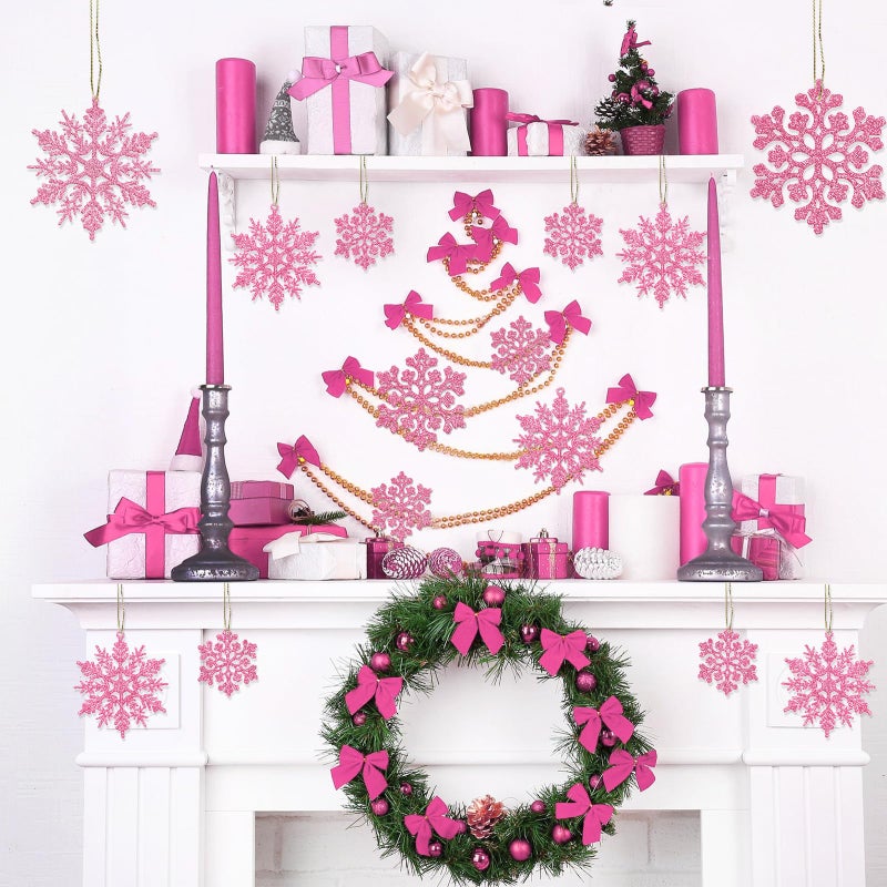 kockuu 36pcs Christmas Light Pink Snowflake Ornaments Plastic Glitter Snow Flakes Ornaments for Winter Christmas Tree Decorations Size Varies Craft Snowflakes - Image 5