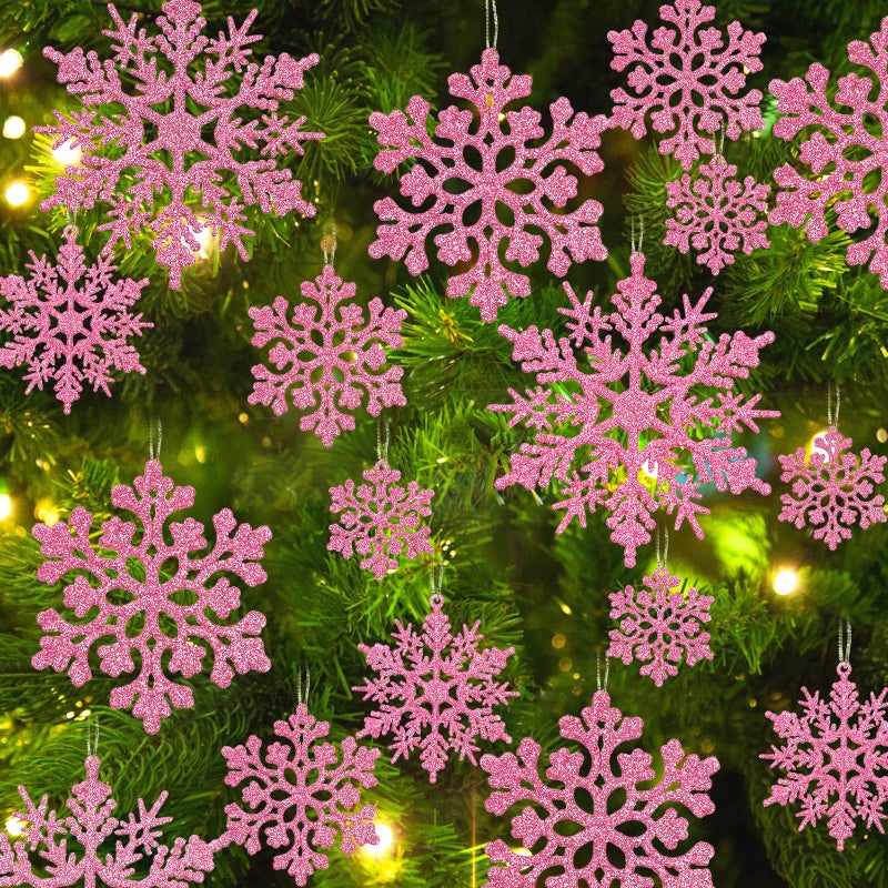 kockuu 36pcs Christmas Light Pink Snowflake Ornaments Plastic Glitter Snow Flakes Ornaments for Winter Christmas Tree Decorations Size Varies Craft Snowflakes - Image 1