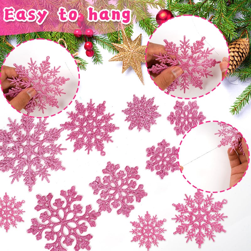 kockuu 36pcs Christmas Light Pink Snowflake Ornaments Plastic Glitter Snow Flakes Ornaments for Winter Christmas Tree Decorations Size Varies Craft Snowflakes - Image 4