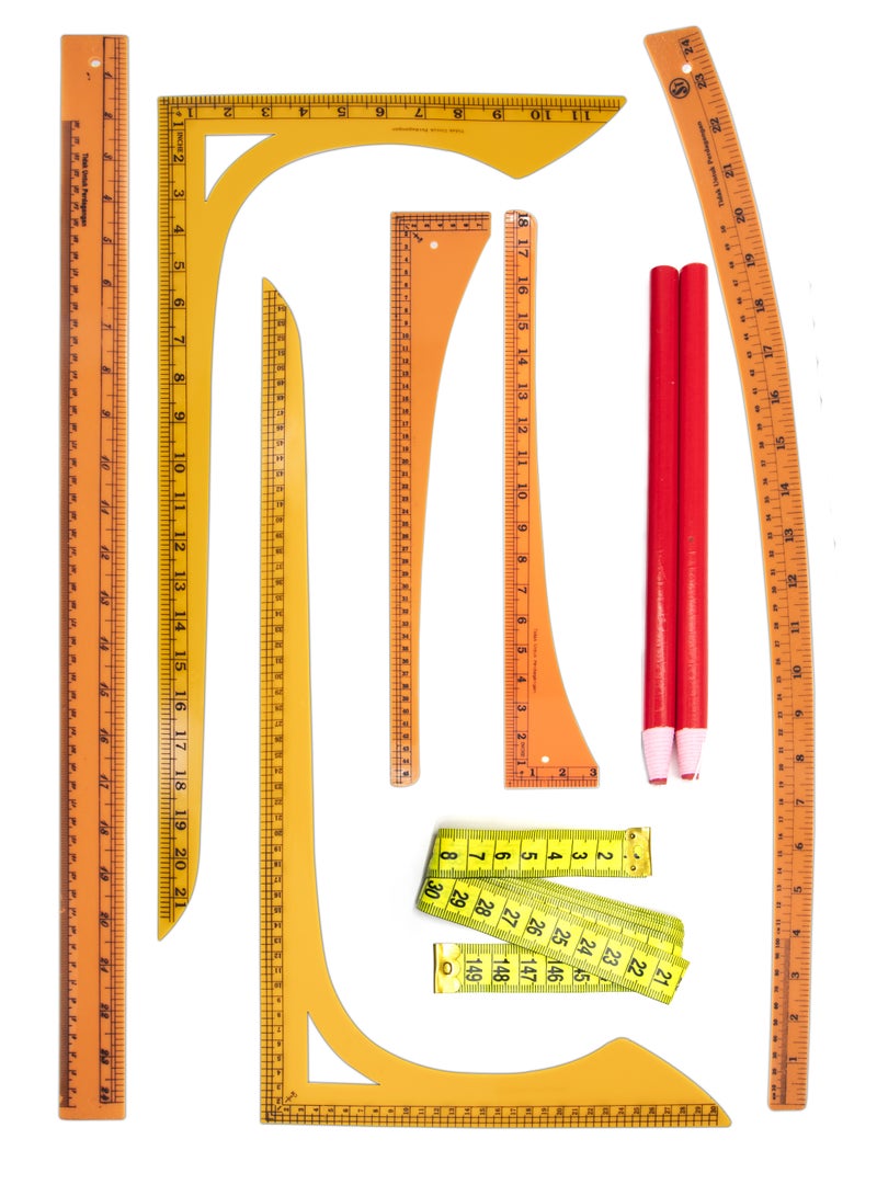 Tailoring Tool Set (6 Pcs) – 4 Precision Rulers, Fabric Chalk Pencil & Measuring Tape for Sewing & Pattern Drafting  - Image 1
