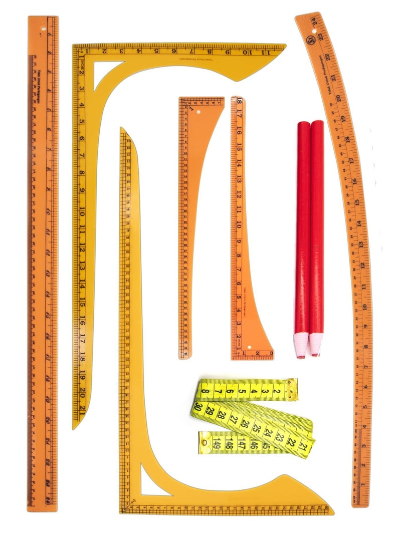 Tailoring Tool Set (6 Pcs) – 4 Precision Rulers, Fabric Chalk Pencil & Measuring Tape for Sewing & Pattern Drafting - Image 3