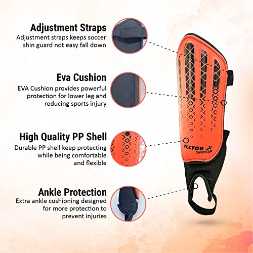 Vector X Samba Shinguard with Ankle Adjustable | Training and Practice | for Girls and Boys | (Junior, Orange-Black) - Image 2