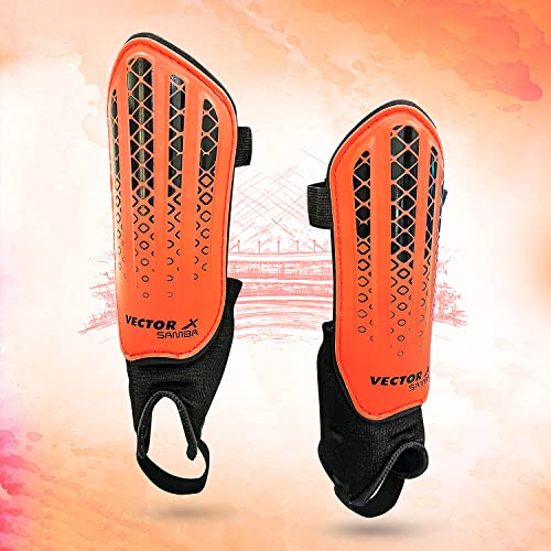 Vector X Samba Shinguard with Ankle Adjustable | Training and Practice | for Girls and Boys | (Junior, Orange-Black) - Image 1