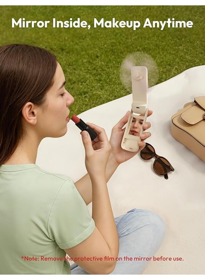 Aecooly Slim Portable Fan with Mirror, Thin Handheld Fan, USB Rechargeable Mini Personal [24H Max Cooling Time], Battery Powered Small Foldable Pocket for Travel, Lash, Makeup, Gifts for Women -Beige - Image 1