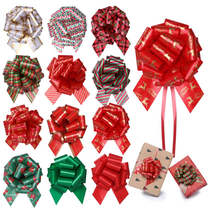 StarSide 12 pcs Large Christmas Bows for Gift Wrapping5 inch Wide Xmas Pull Bows for PresentsChristmas Gift Bows for Gift BasketsChristmas TreeWine BottlesChristmas Decorations Mix Color
