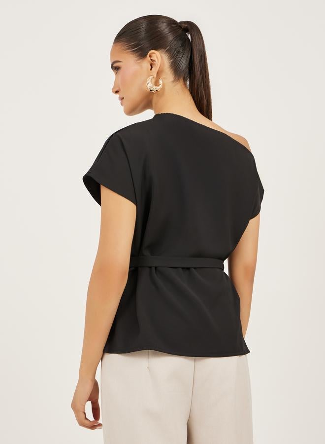 Styli Styli Asymmetric Neck Short Sleeves Belted Top  - Image 4