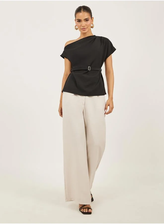 ستايلي Styli Asymmetric Neck Short Sleeves Belted Top