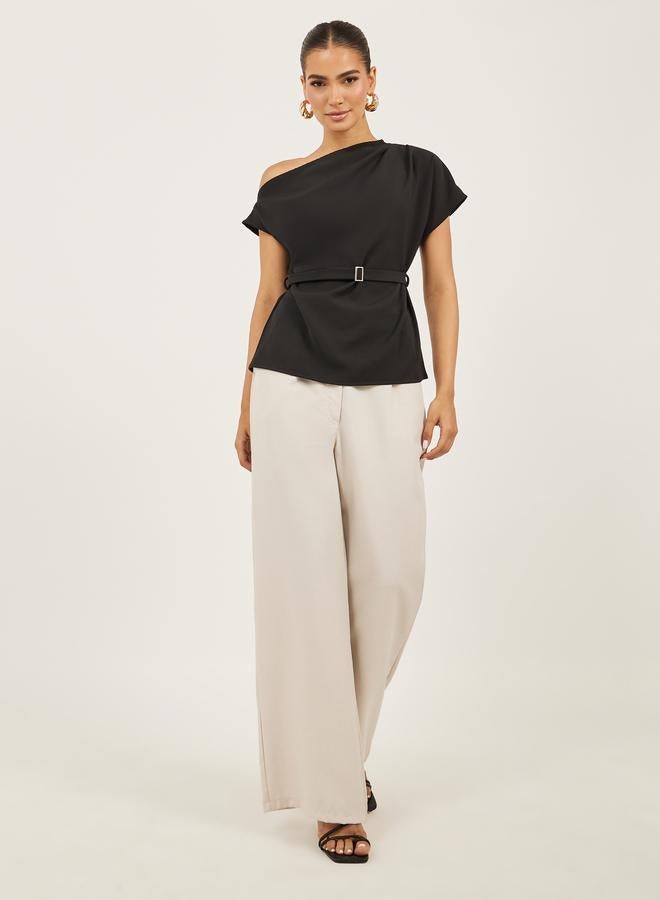 Styli Styli Asymmetric Neck Short Sleeves Belted Top  - Image 2