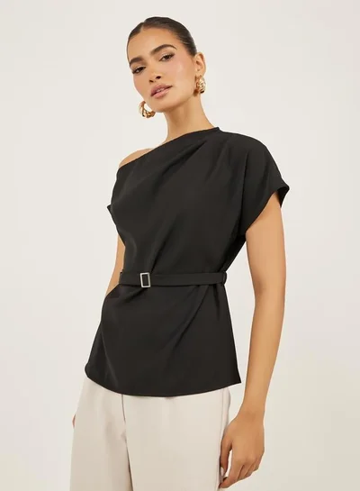 Styli Asymmetric Neck Short Sleeves Belted Top