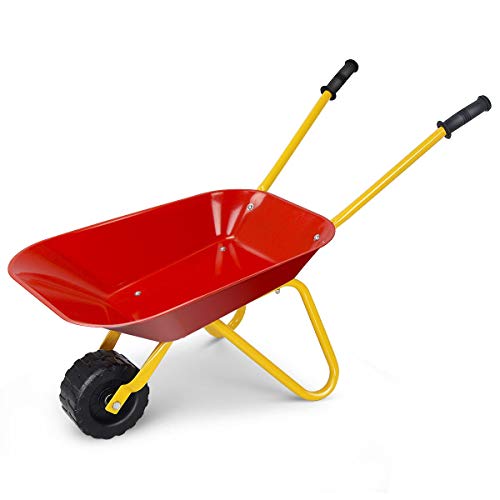 GLACER Nightcore Kids Metal Wheelbarrow, Metal Construction Toys Kart, Yard Rover Steel Tray, Tote Dirt, Tools, Leaves in Garden for Toddlers (Red) - Image 1
