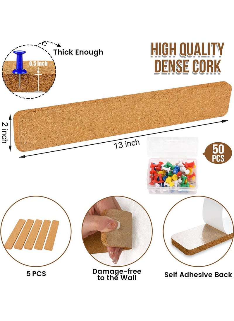 YOUGE 5 Pack Cork Board Strips, Thick Small Cork Board for Office, Self Adhesive Corkboard Strip with 50 Push Pins for Paste Notes, Photos, Schedules  - Image 2