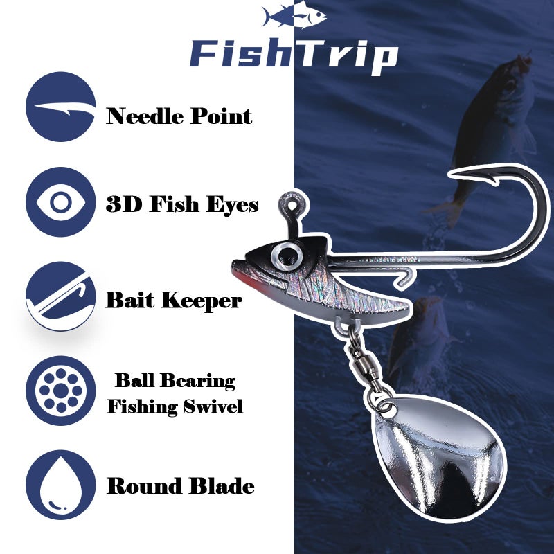 FishTrip رؤوس خطاف الصيد FishTrip Underspin Jig - 1/4 أونصة، 3/8 أونصة، 1/2 أونصة مع شفرة دوارة لصيد الأسماك في المياه المالحة والعذبة 5 قطع - 1/4 أونصة - Image 2