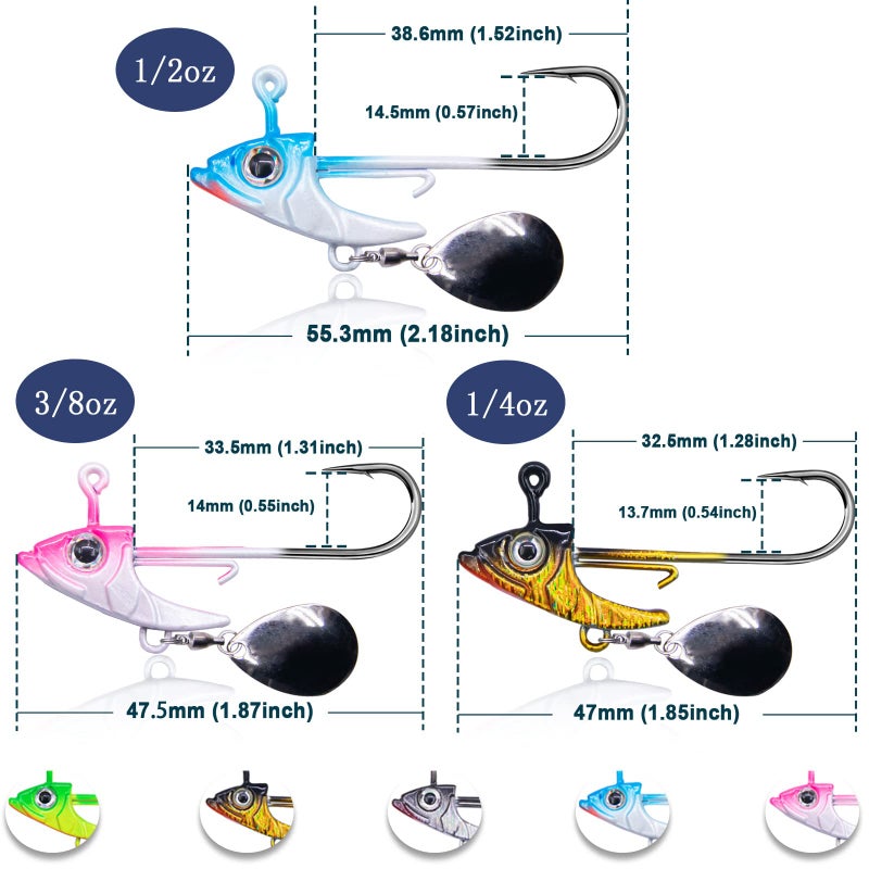 FishTrip رؤوس خطاف الصيد FishTrip Underspin Jig - 1/4 أونصة، 3/8 أونصة، 1/2 أونصة مع شفرة دوارة لصيد الأسماك في المياه المالحة والعذبة 5 قطع - 1/4 أونصة - Image 4