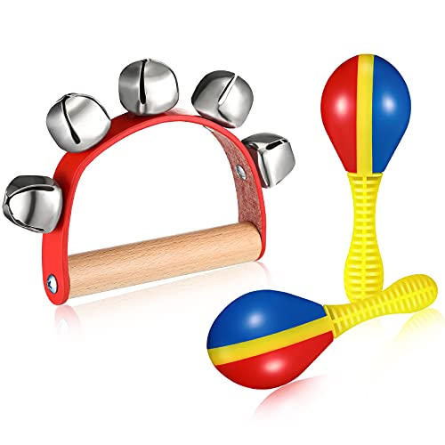 Suilung 3 Pieces Tambourine Maracas Set Wooden Hand Sleigh Bells Tambourine Bell Maracas Shaking Rattle Musical Instrument Set - Image 1