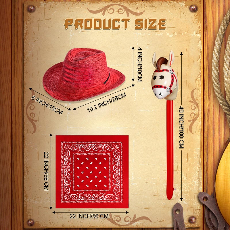 Toulite 36 Pcs Western Cowboy Party Costume Set Cowboy Hats Paisley Bandanas Inflatable Stick Horses for Western Party Favors(Mix Color) - Image 2