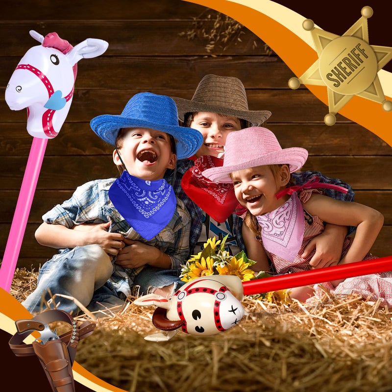 Toulite 36 Pcs Western Cowboy Party Costume Set Cowboy Hats Paisley Bandanas Inflatable Stick Horses for Western Party Favors(Mix Color) - Image 5