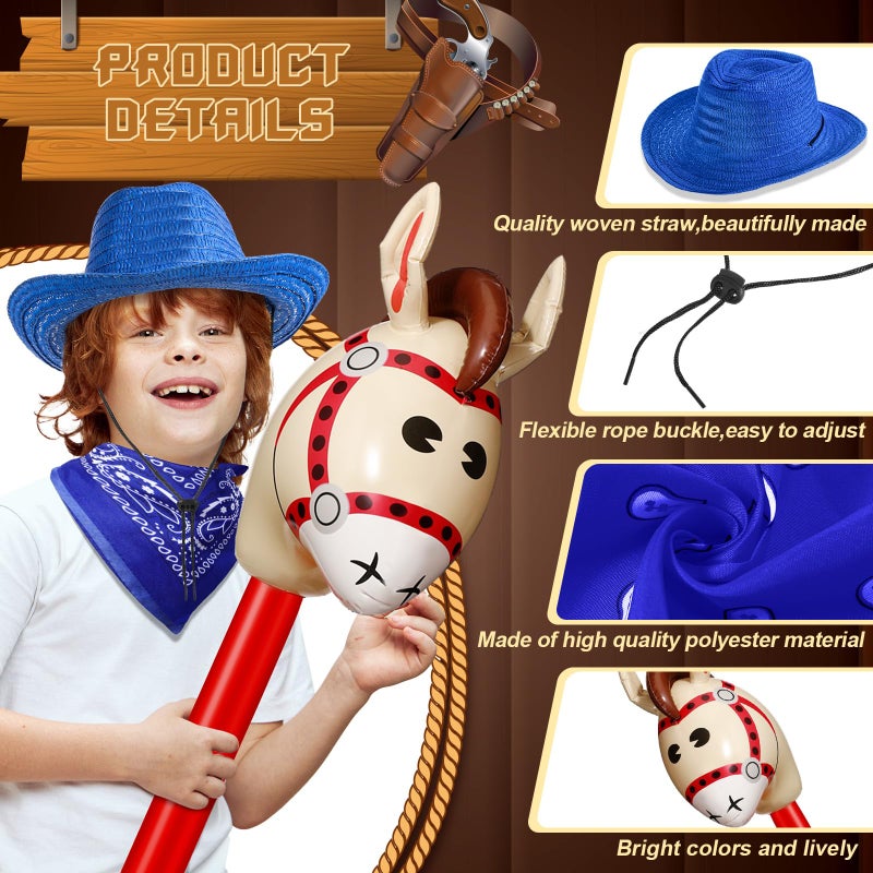 Toulite 36 Pcs Western Cowboy Party Costume Set Cowboy Hats Paisley Bandanas Inflatable Stick Horses for Western Party Favors(Mix Color) - Image 3
