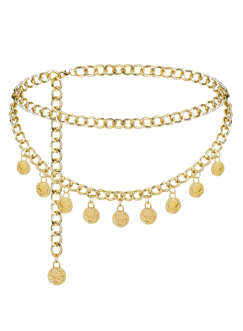 Vintage Coin Tassel Pendant Body Chain for Women, Adjustable Punk Style Waist Chain with Embossed Charm Belt, Approx. 94.5 cm Long (Gold) - Perfect for Fashionable Queens. - Image 1