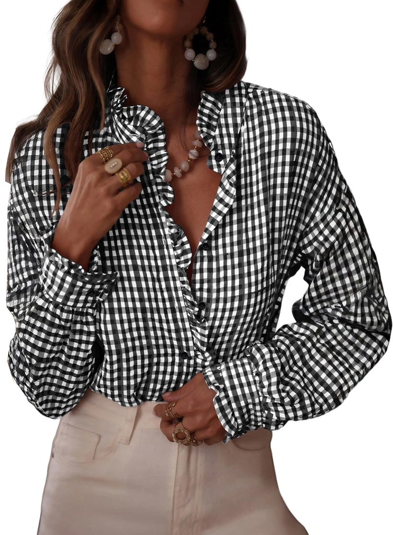 Astylish Women's Button Down Plaid Shirt Casual Tops 2025 Fall Flowy Long Sleeve Ruffle V Neck Blouses Black X-Large - Image 1