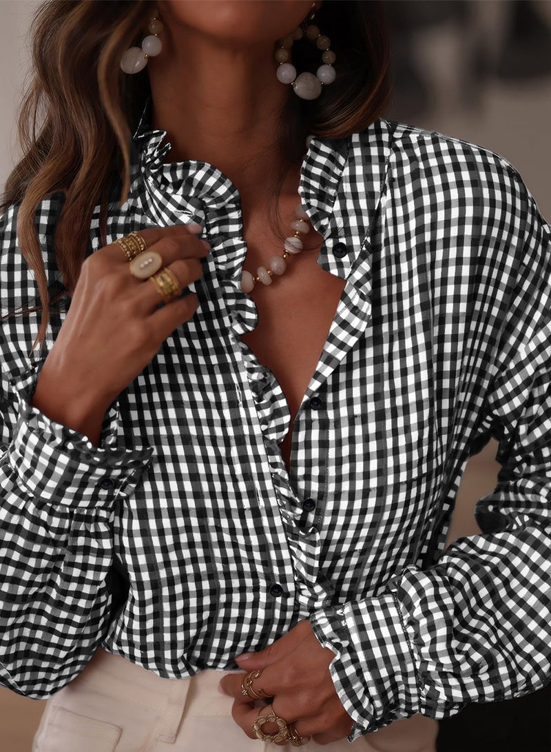 Astylish Women's Button Down Plaid Shirt Casual Tops 2025 Fall Flowy Long Sleeve Ruffle V Neck Blouses Black X-Large - Image 2