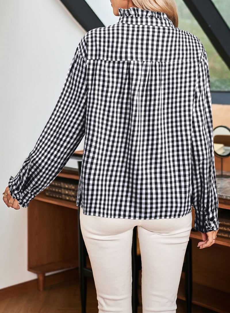 Astylish Women's Button Down Plaid Shirt Casual Tops 2025 Fall Flowy Long Sleeve Ruffle V Neck Blouses Black X-Large - Image 3